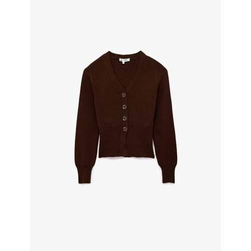 Kadın Giyim Düğmeli V Yaka Uzun Kollu Triko Hırka - KOTON - 6WAL90110HT - KAHVERENGİ - XS