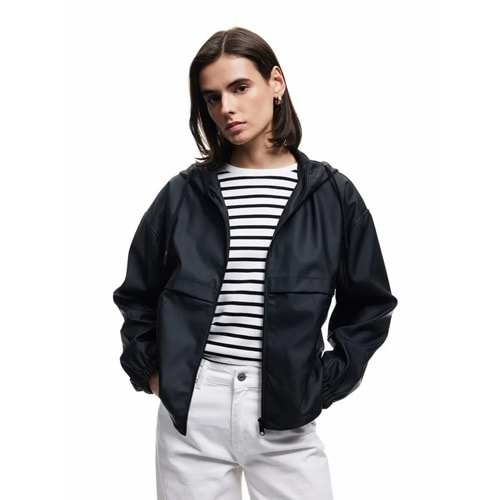 Kadın Giyim Fermuarlı Kapüşonlu Uzun Kollu Suni Deri Yağmurluk