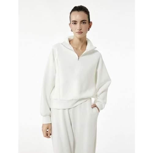 Kadın Giyim Rahat Kalıp Modal Kumaş Uzun Kollu Dik Yaka Yarım Fermuarlı Sweatshirt