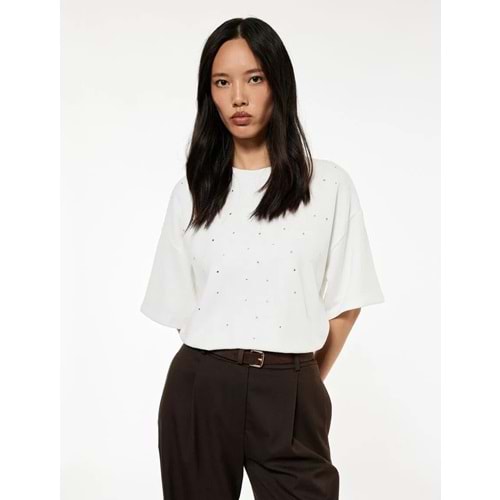 Kadın Giyim Kısa Kollu Bisiklet Yaka Taş Detaylı Tişört