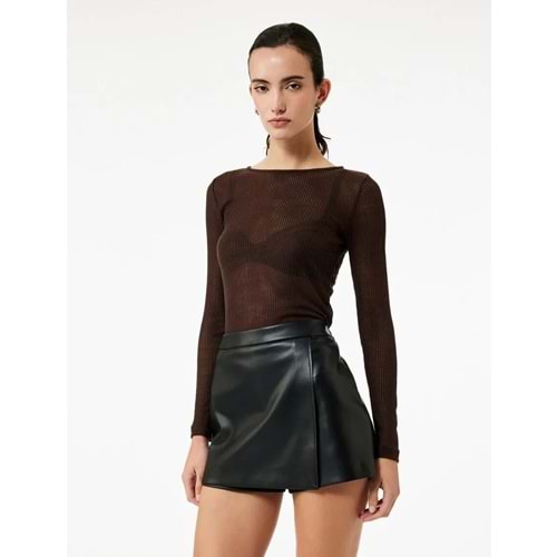 Kadın Giyim Slim Fit Suni Deri Mini Şort Etek - KOTON - 6WAK70012EW - SİYAH - 38