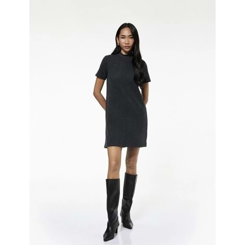 Kadın Giyim Slim Fit Kısa Kollu Dik Yaka Mini Triko Elbise - KOTON - 6WAK80023EK - ANTRASİT - S