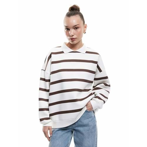 Kadın Giyim Şardonlu Polo Yaka Çizgili Oversize Sweatshirt