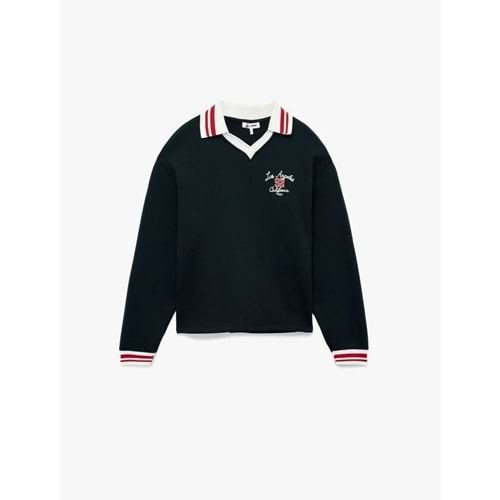 Kadın Giyim Nakış Detaylı Uzun Kollu Şardonlu Polo Yaka Oversize Sweatshirt