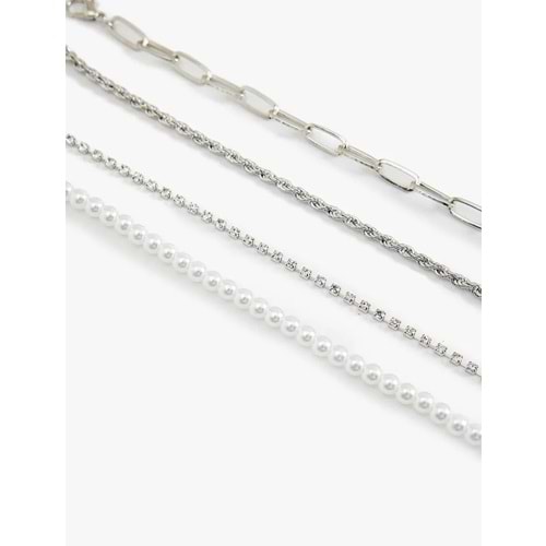 Kadın Aksesuar Taşlı İnci Detaylı 4'lü Zincir Bileklik Seti