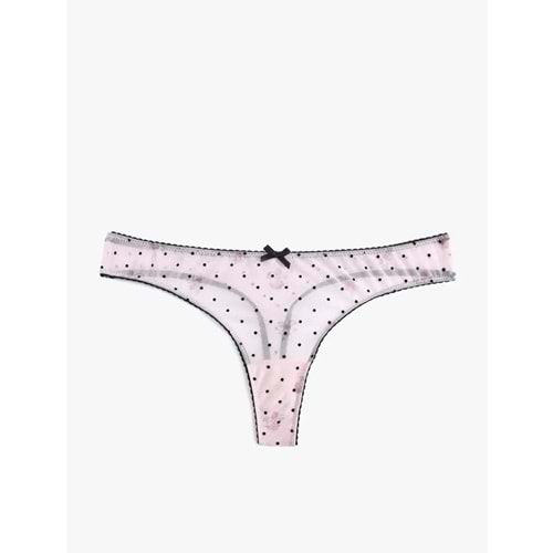 Kadın İç Giyim Kurdele Detaylı Puantiyeli Tül String Külot - KOTON - 6WLK30136MK - PEMBE DESENLİ - M