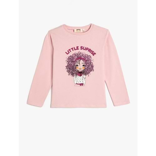 Kız Çocuk Tişört Uzun Kollu Bisiklet Yaka Baskılı Pamuklu - KOTON - 4WKG10135AK - PEMBE - 6-7 YAŞ