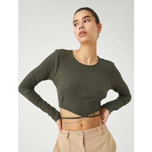Crop Tişört Uzun Kollu Zincir Kelebek Detaylı Bisiklet Yaka - KOTON - 4WAL10139IK - HAKİ - XL