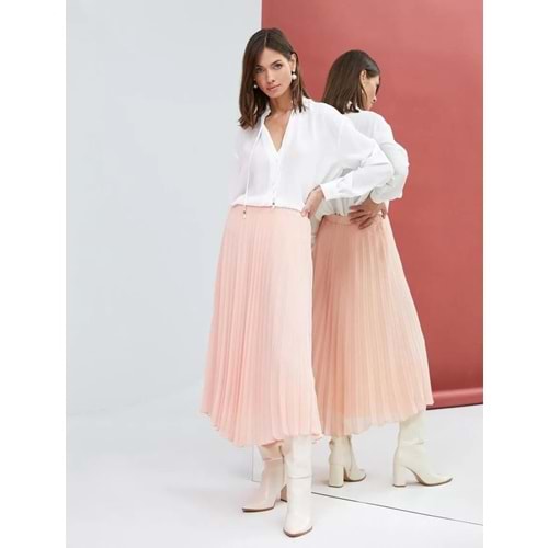 Pileli Midi Etek Şifon Asimetrik Kesim Astarlı - KOTON - 4WAK70151UW - PEMBE - 48