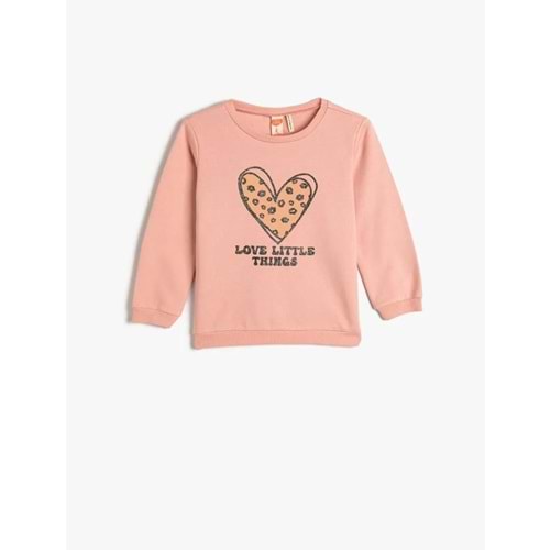 Kız Bebek Sweatshirt Şardonlu Bisiklet Yaka Baskılı Pamuklu - KOTON - 4WMG10084AK - PEMBE - 18-24 AY