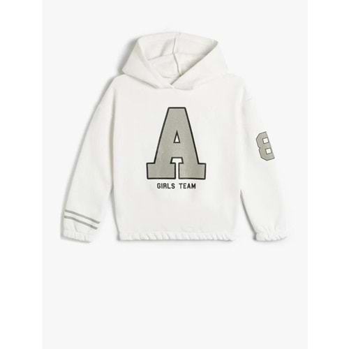 Kız Çocuk Kapşonlu Sweatshirt Sim Baskı Detaylı Uzun Kollu Şardonlu - KOTON - 4WKG10232AK - EKRU - 11-12 YAŞ