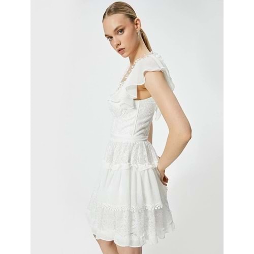 Mini Dantelli Elbise Katlı Dökümlü Kısa Tül Kol Kalp Yaka Astarlı - KOTON - 4SAK80021FW - KIRIK BEYAZ - 42