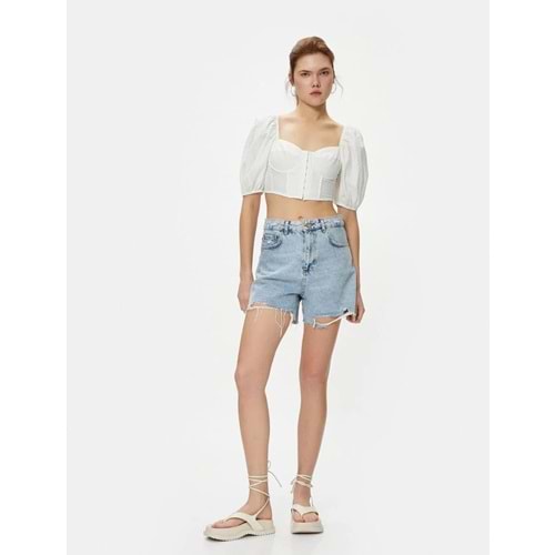 Crop Bluz Korse Detaylı Kopçalı Balon Kollu Kalp Yaka - KOTON - 4SAL60036IW - BEYAZ - 38