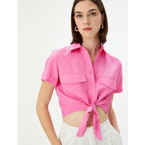 Önden Bağlamalı Gömlek Crop Düğmeli Cepli Viskon - KOTON - 4SAK60005EW - PEMBE - 34