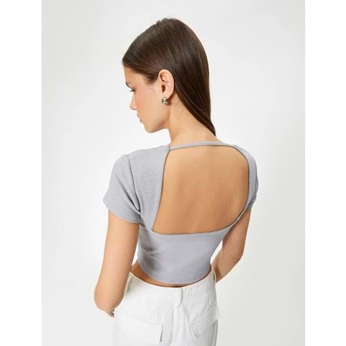 Sırt Dekolteli Tişört Crop Kısa Kollu Fitilli Slim Fit - KOTON - 4SAL10804IK - GRİ - XL