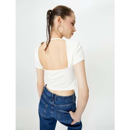Sırt Dekolteli Tişört Crop Kısa Kollu Fitilli Slim Fit 4SAL10804IK