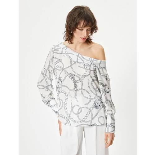 Degaje Yaka Bluz Şal Desenli Uzun Kollu - KOTON - 4SAK60314UW - BEYAZ DESENLİ - 42