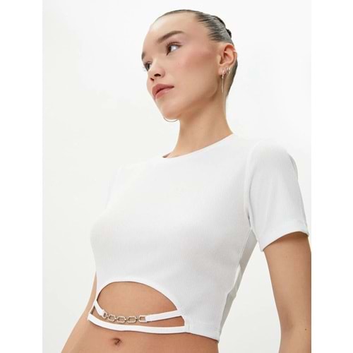 Crop Tişört Metal Aksesuar Detaylı Kısa Kollu Bisiklet Yaka - KOTON - 4SAL10036IK - EKRU - M