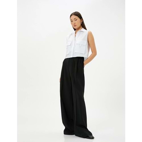 Crop Poplin Gömlek Kolsuz Kargo Cepli Manşet Yaka Düğmeli - KOTON - 4SAK60011EW - KIRIK BEYAZ - 44