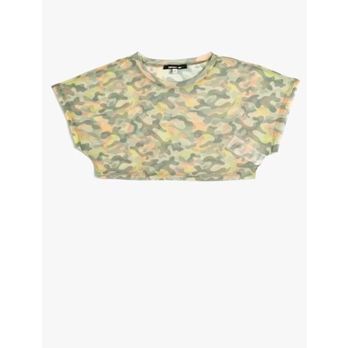 Transparan Crop Tişört Spor Kısa Kollu Bisiklet Yaka Kamuflaj Desenli - KOTON - 4SAK10067NK - YEŞİL DESENLİ - XS