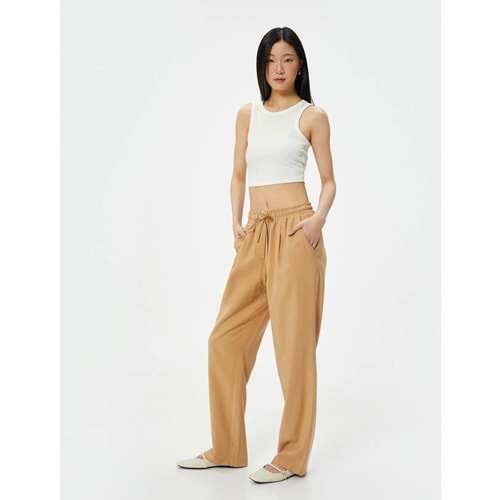 Bol Paça Pantolon Viskoz Kumaş Beli Bağlamalı Cepli - KOTON - 4SAK40043PW - KAHVERENGİ - 36