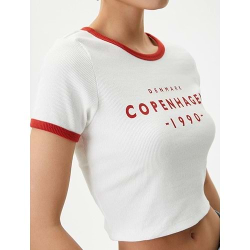 Kolej Crop Tişört Slim Fit Biyeli Kısa Kollu Bisiklet Yaka Pamuklu