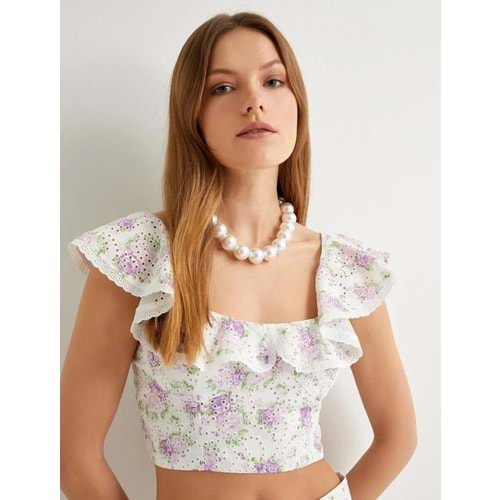 Crop Fisto Çiçekli Üst Fırfırlı Pamuklu - KOTON - 4SAK30059EW - LİLA DESENLİ - 36