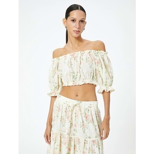 Crop Straplez Atlet Çiçekli Fırfırlı Pamuklu Slim Fit - KOTON - 4SAK30062EW - PEMBE DESENLİ - 42