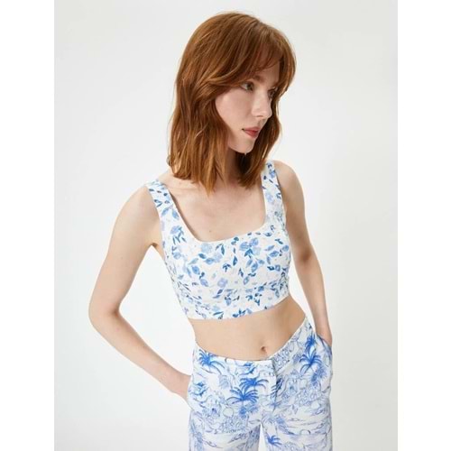 Çiçeli Crop Üstü Fisto Kare Yaka Askılı - KOTON - 4SAK30063EW - MAVİ DESENLİ - 42