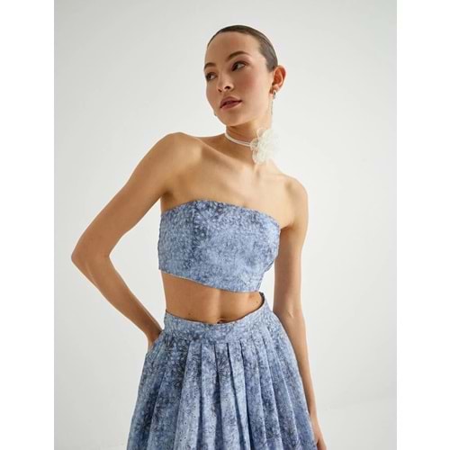 Crop Straplez Üst Çiçekli Fistolu Slim Fit - KOTON - 4SAK30096EW - MAVİ DESENLİ - 42