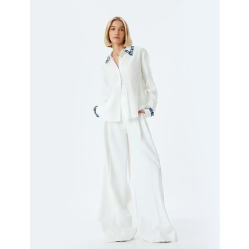 Viskon Gömlek Renk Kontrastlı Uzun Kollu TENCEL™ Kumaş - KOTON - 5WAK60056PW - KIRIK BEYAZ - 32