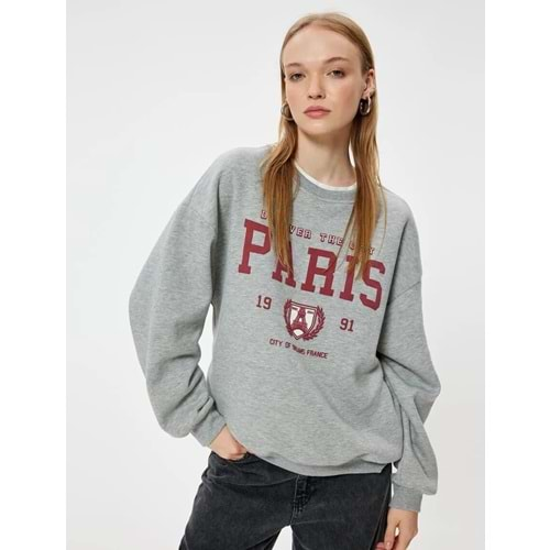 Oversize Sweatshirt Bisiklet Yaka Kolej Baskılı Şardonlu Ribanalı 5WAL10284IK