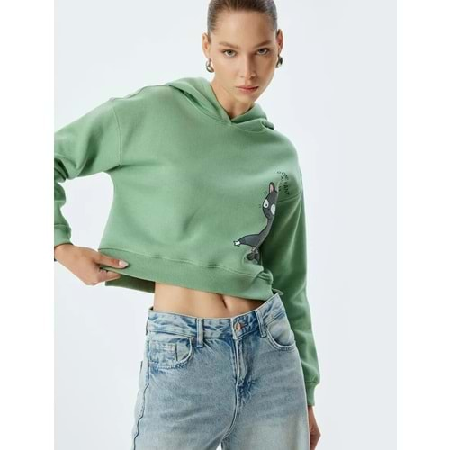 Crop Oversize Sweatshirt Kapüşonlu Kedi Baskılı Şardonlu