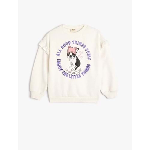Kız Çocuk Fırfırlı Sweatshirt Köpek Baskılı - KOTON - 5WKG10255AK - EKRU - 4-5 YAŞ