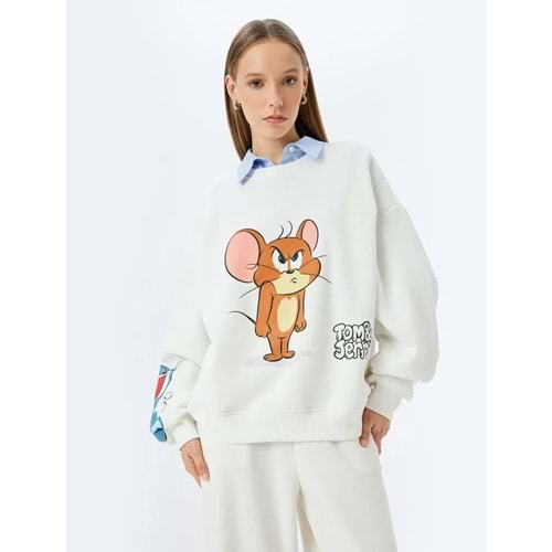 Tom ve Jerry Baskılı Bisiklet Yaka Şardonlu Sweatshirt 5WAL10195IK