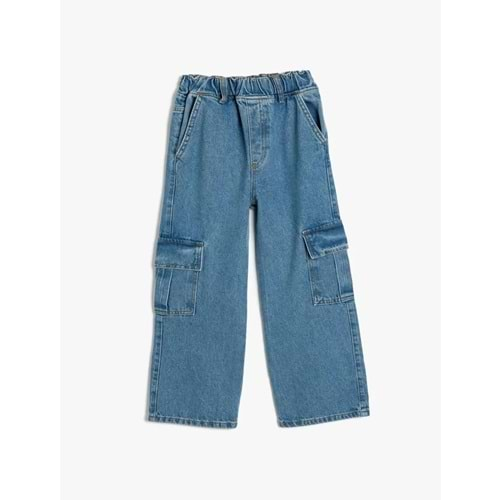 Kız Çocuk Kargo Kot Pantolon Bol Paça Pamuklu - Wide Leg Jean 5WKG40043AD