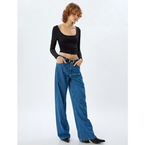 Geniş Paça Kot Pantolon Standart Bel Taşlı 5WAL40155MD - KOTON - ORTA İNDİGO - 29/32