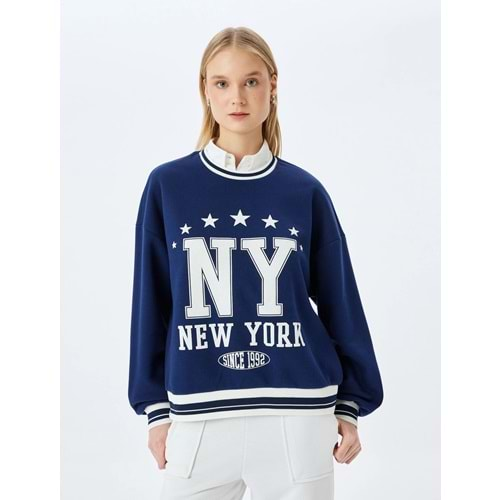 Kolej Baskılı Biyeli Bisiklet Yaka Şardonlu Sweatshirt 5WAL10832IK