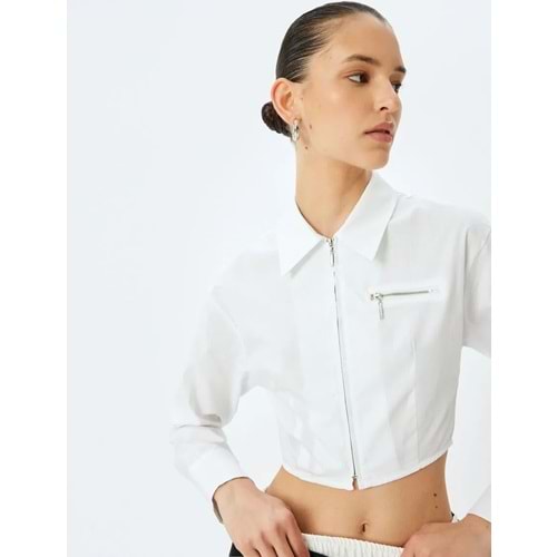 Slim Fit Klasik Yaka Crop Fermuarlı Gömlek 5SAK60136PW