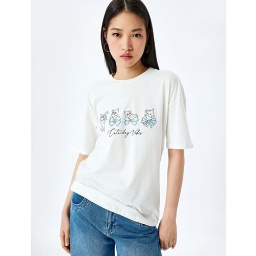 Kısa Kollu Kedi Baskılı Bisiklet Yaka Oversize Tişört 5SAL10371IK