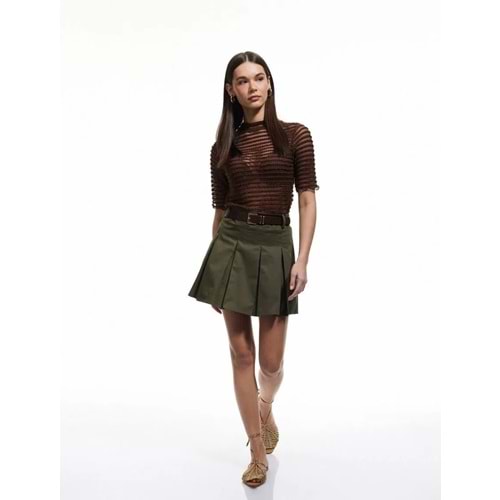 Pamuklu Gabardin Kumaş Kemer Detaylı Mini Pileli Etek 5SAK70144PW