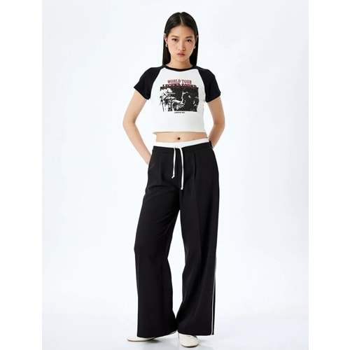 Baskılı Kısa Kollu Bisiklet Yaka Slim Fit Crop Tişört 5SAL10098IK - KOTON - EKRU - M