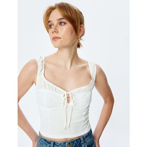 Slim Fit Bağcıklı Kalp Yaka Kalın Askılı Üst 5SAK10020EK - KOTON - EKRU - M