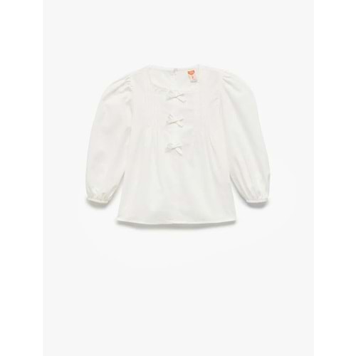 Kız Bebek Pamuklu Kurdele Detaylı Uzun Kollu Bisiklet Yaka Balon Kollu Bluz 5SMG60045AW