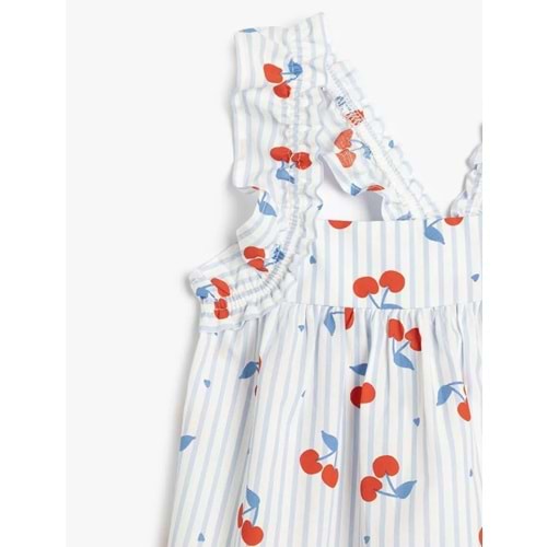 Kız Bebek Kare Yaka Fırfır Detaylı Kiraz Baskılı Pamuklu Bluz 5SMG60014AW