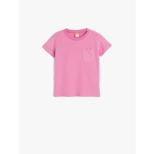 Kız Bebek Pamuklu Bisiklet Yaka Kısa Kollu Cep Detaylı Basic Tişört 5SMG10105AK - KOTON - PEMBE - 9-12 AY