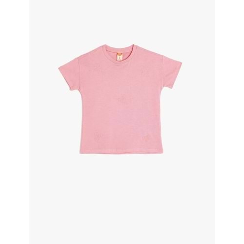 Kız Bebek Çiçek İşlemeli Kısa Kollu Pamuklu Basic Tişört 5SMG10063AK - KOTON - PEMBE - 12-18 AY