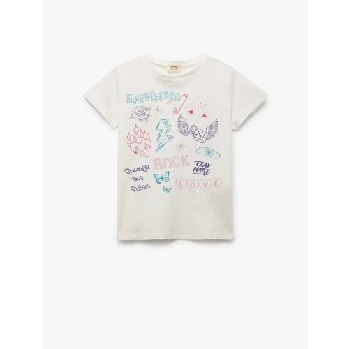 Kız Çocuk Pamuklu Baskı Detaylı Bisiklet Yaka Kısa Kollu Tişört 5SKG10270AK