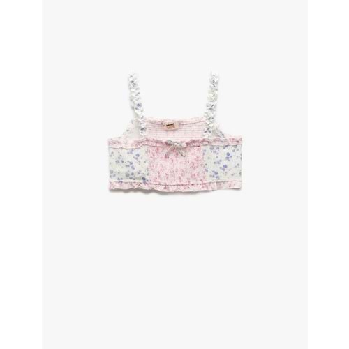 Kız Çocuk Kare Yaka Kurdele Detaylı Gipeli Viskon Crop Bluz 5SKG60068AW