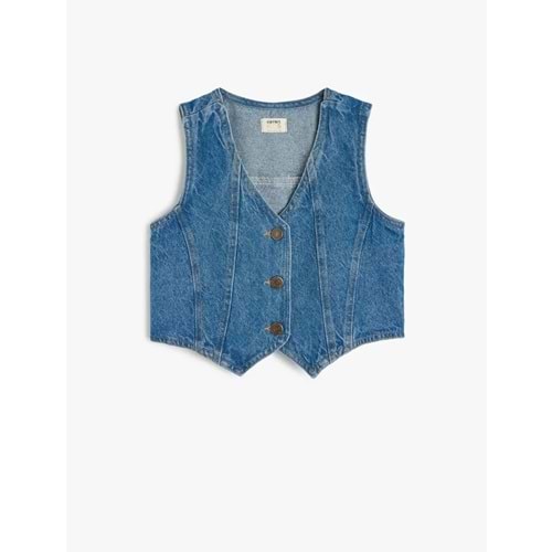 Kız Çocuk Düğme Kapamalı V Yaka Pamuklu Denim Yelek 5SKG20013AD